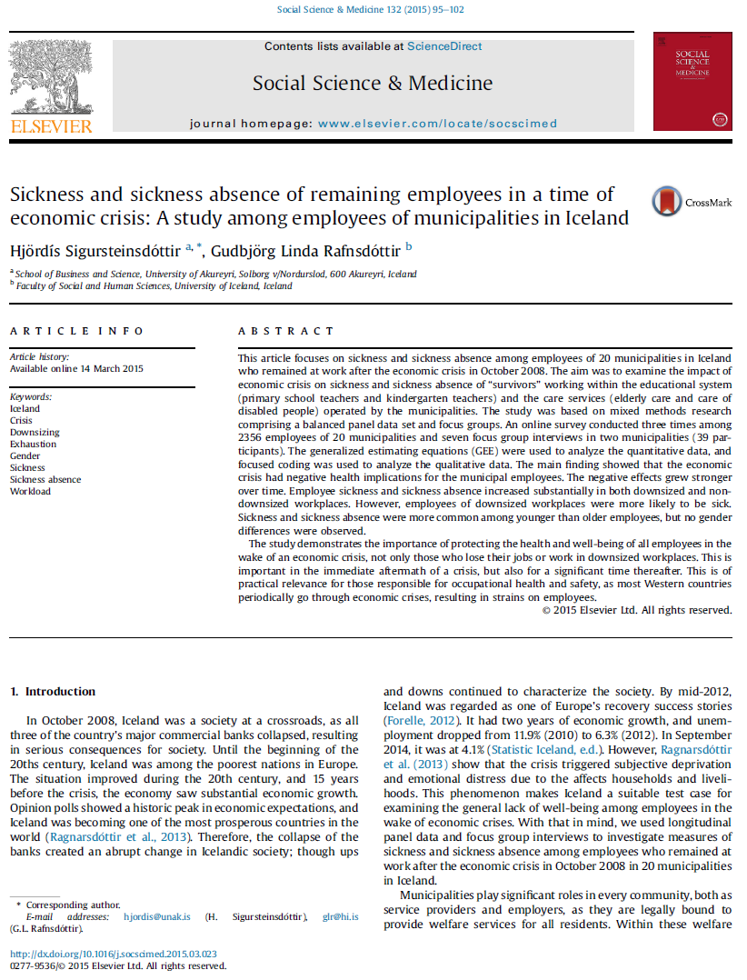 Nedbemanning i 20 islandske kommuner etter økonomikrisen oktober 2008 Økt sykefravær både i nedbemannede