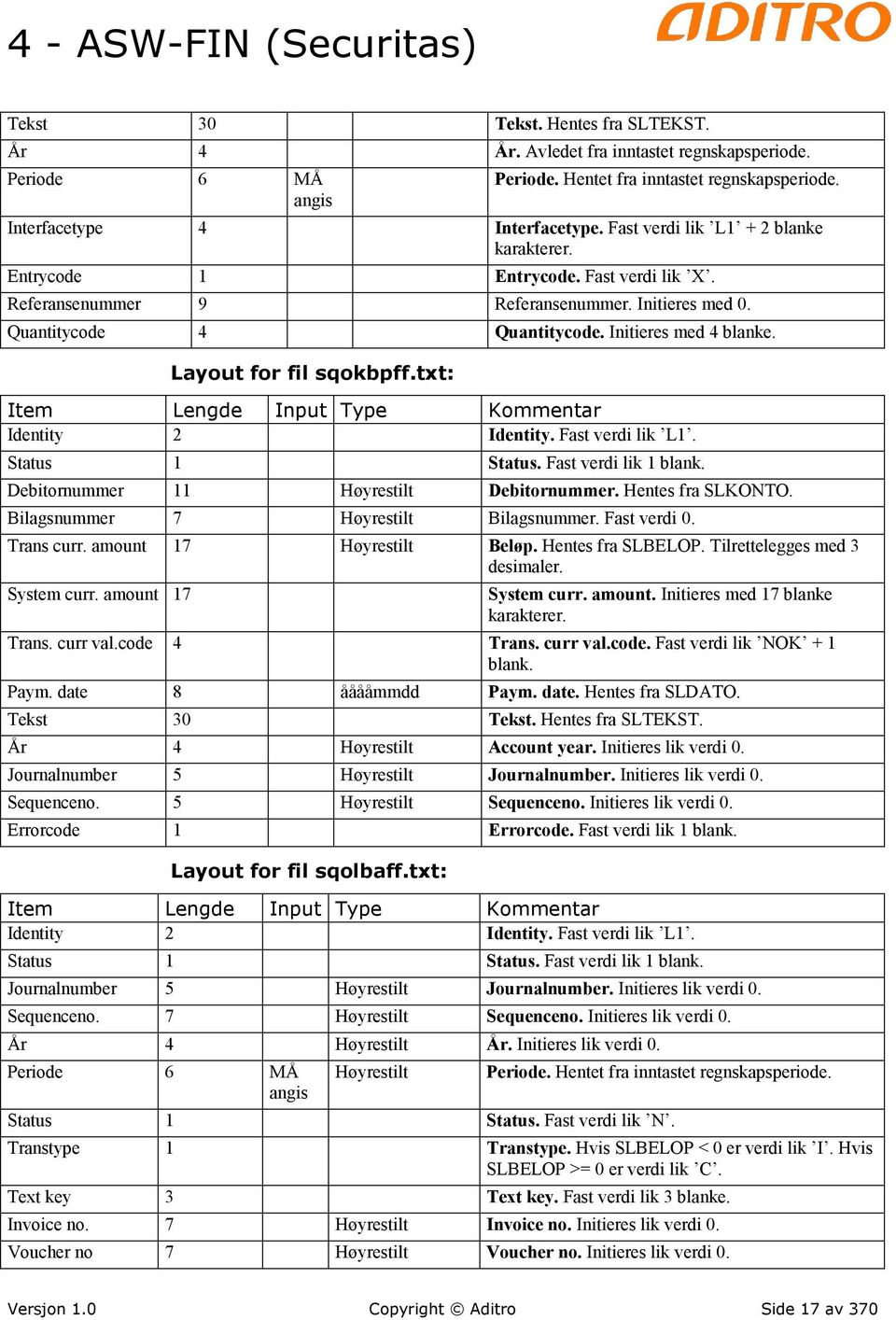 Initieres med 4 blanke. Layout for fil sqokbpff.txt: Item Lengde Input Type Kommentar Identity 2 Identity. Fast verdi lik L1. Status 1 Status. Fast verdi lik 1 blank.