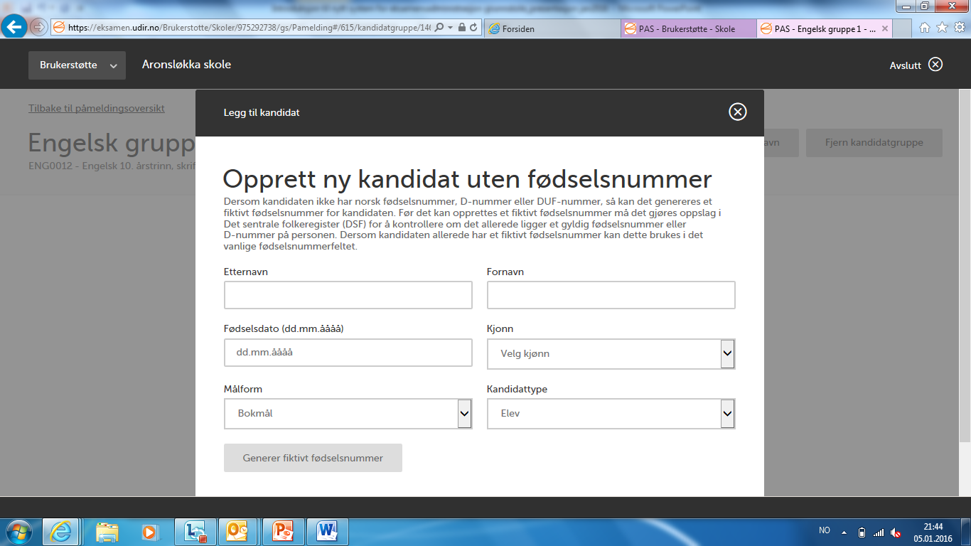 Påmelding av elever manuelt Fiktivt fødselsnummer Legg inn opplysninger