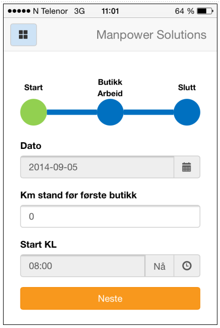 7. Registrere butikkarbeid uten fast rute Legg inn start km fra tripteller på bilen eller la det stå 0 i km når du er kommet til