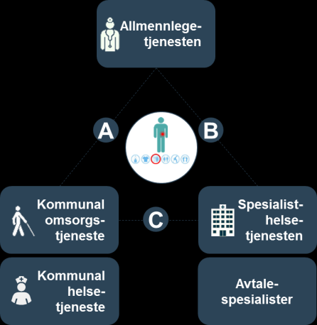 Valg av mulighetsdimensjoner A B C D E Samhandlingsmodeller (tjenestegrupper som er inkludert i tiltaket) Pasienten settes i sentrum.