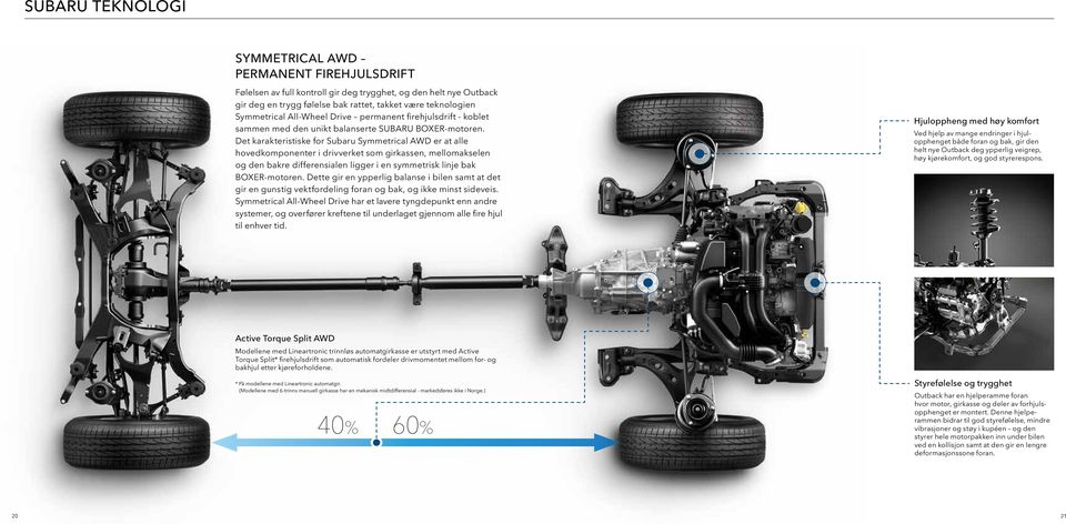 Det karakteristiske for Subaru Symmetrical AWD er at alle hovedkomponenter i drivverket som girkassen, mellomakselen og den bakre differensialen ligger i en symmetrisk linje bak BOXER-motoren.