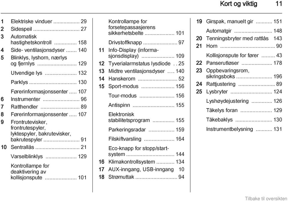 .. 107 9 Frontrutevisker, frontrutespyler, lyktespyler, bakrutevisker, bakrutespyler... 91 10 Sentrallås... 21 Varselblinklys... 129 Kontrollampe for deaktivering av kollisjonspute.