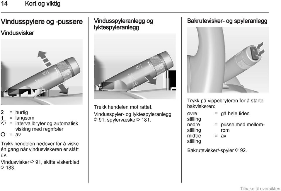 Vindusvisker 3 91, skifte viskerblad 3 183. Trekk hendelen mot rattet. Vindusspyler- og lyktespyleranlegg 3 91, spylervæske 3 181.