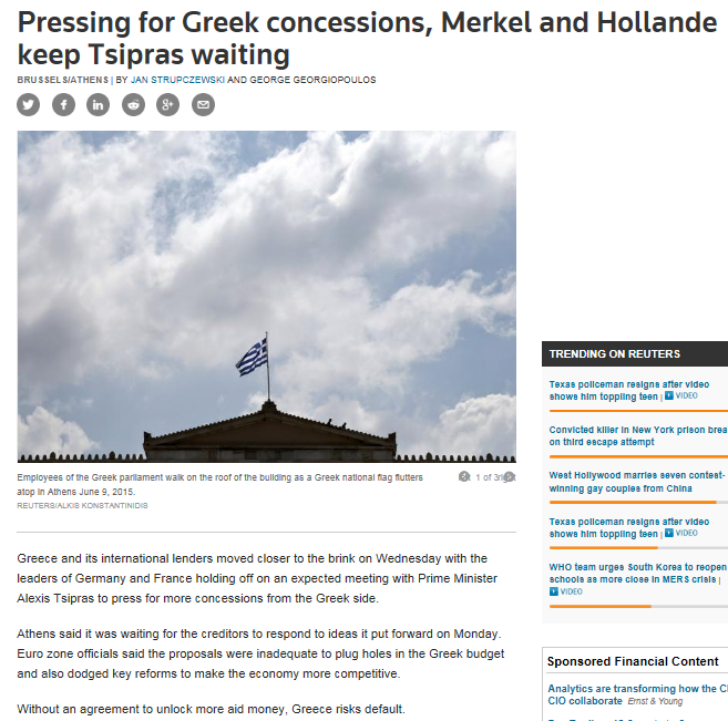 Europa lite fremdrift i forhandlingene mellom Hellas og institusjonen (og Hellas benytter en lite brukt mulighet til å utsetter alle betalingene til slutten av måneden) Lite fremdrift i