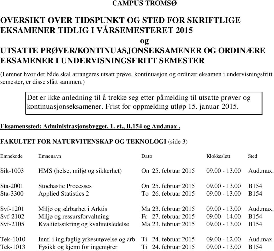 februar 2015 09.00-13.00 Aud.max. Svf-2102 Miljø ressursforvaltning Fr 27. februar 2015 09.00-14.00 B154 Svf-2105 Kvalitetssikring kvalitetsledelse Ma 23. februar 2015 09.00-13.00 B154 Tek-1010 Innf.