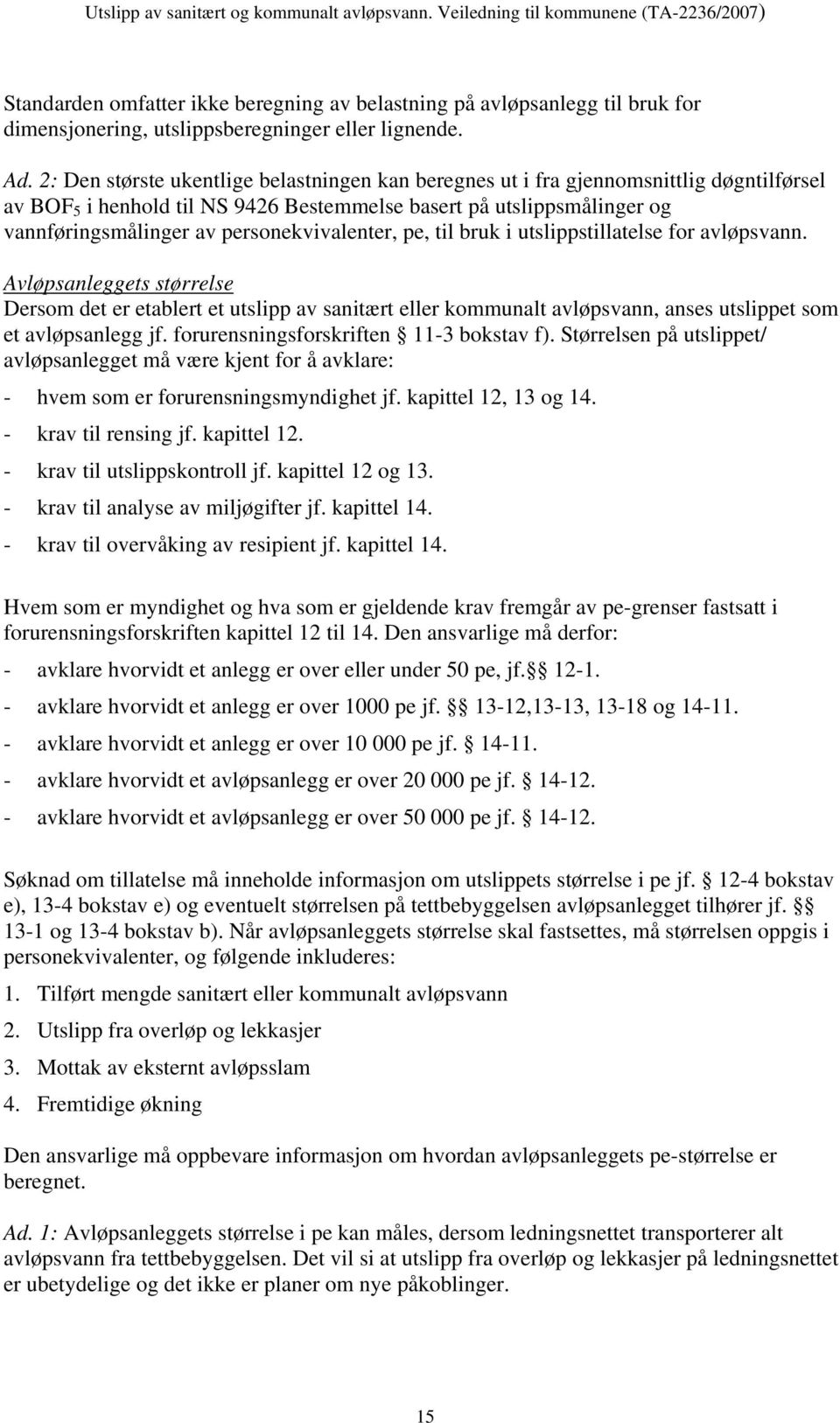 personekvivalenter, pe, til bruk i utslippstillatelse for avløpsvann.