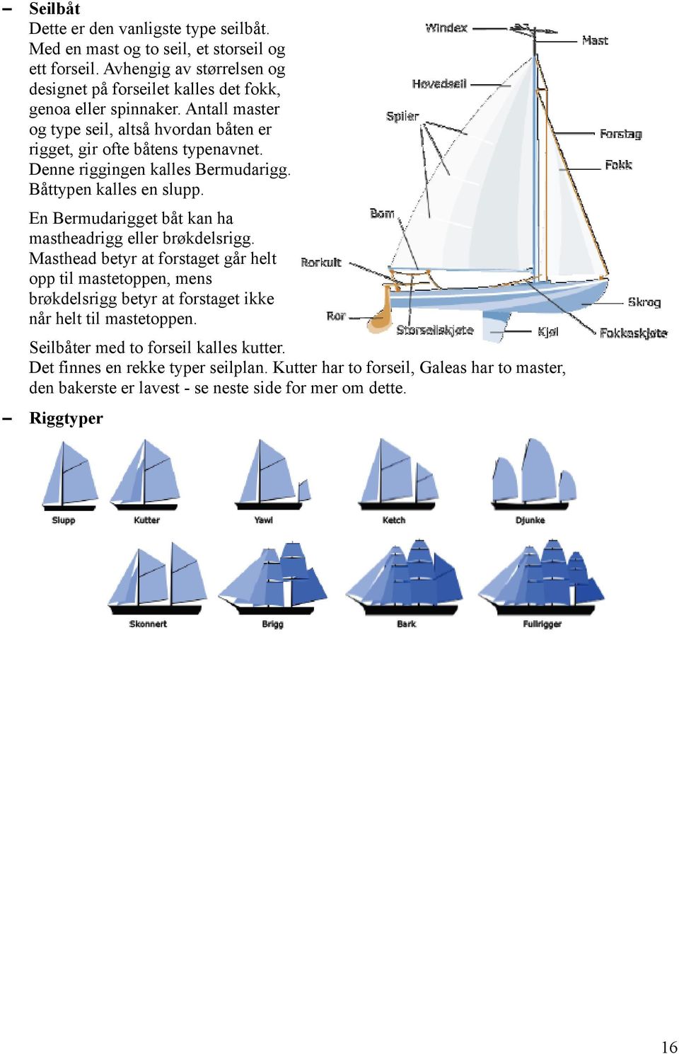 Denne riggingen kalles Bermudarigg. Båttypen kalles en slupp. En Bermudarigget båt kan ha mastheadrigg eller brøkdelsrigg.