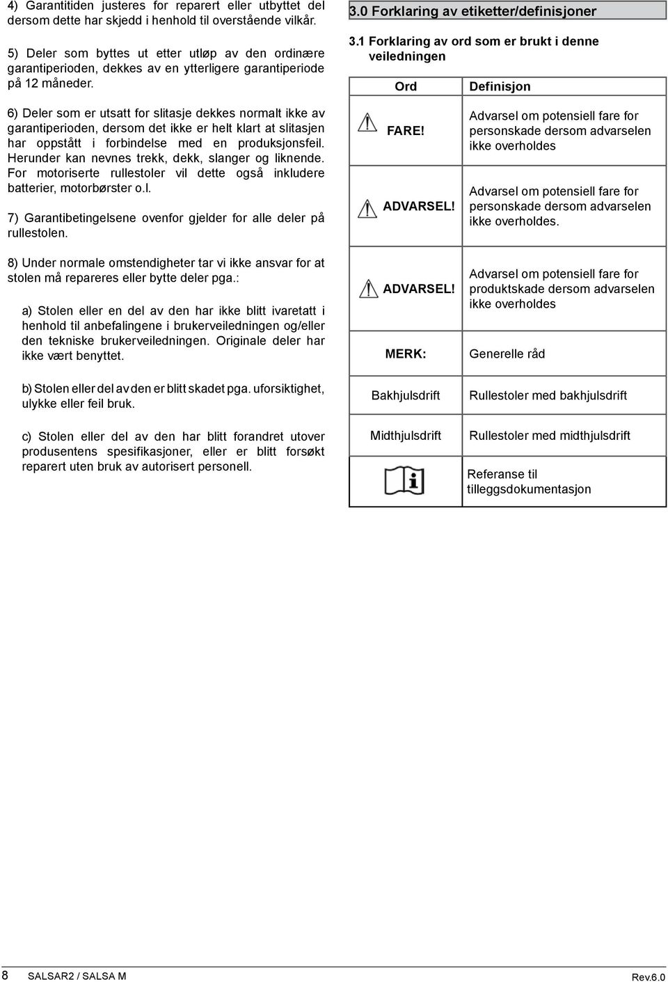 1 Forklaring av ord som er brukt i denne veiledningen Ord Definisjon 6) Deler som er utsatt for slitasje dekkes normalt ikke av garantiperioden, dersom det ikke er helt klart at slitasjen har