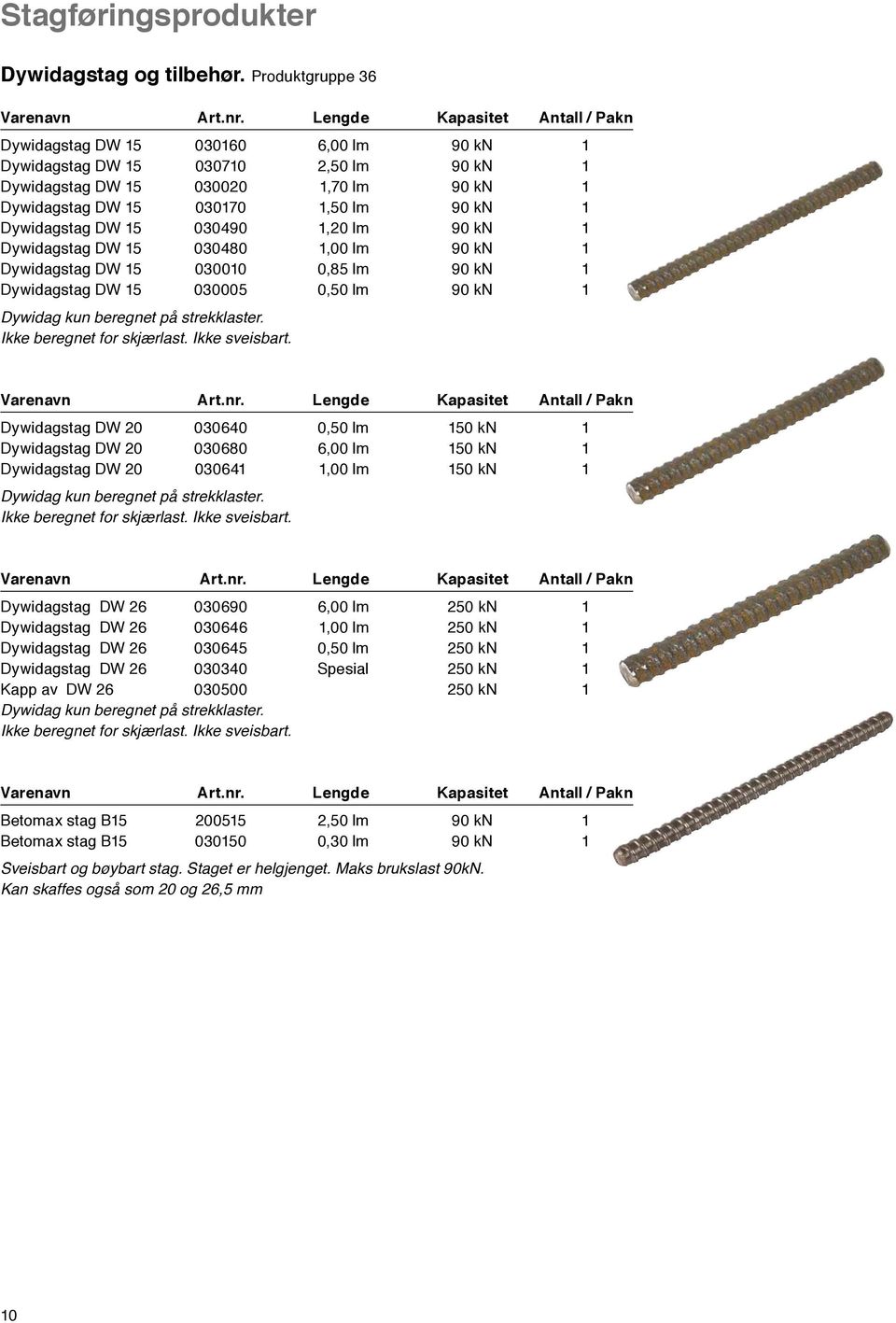 Dywidagstag DW 15 030490 1,20 lm 90 kn 1 Dywidagstag DW 15 030480 1,00 lm 90 kn 1 Dywidagstag DW 15 030010 0,85 lm 90 kn 1 Dywidagstag DW 15 030005 0,50 lm 90 kn 1 Dywidag kun beregnet på