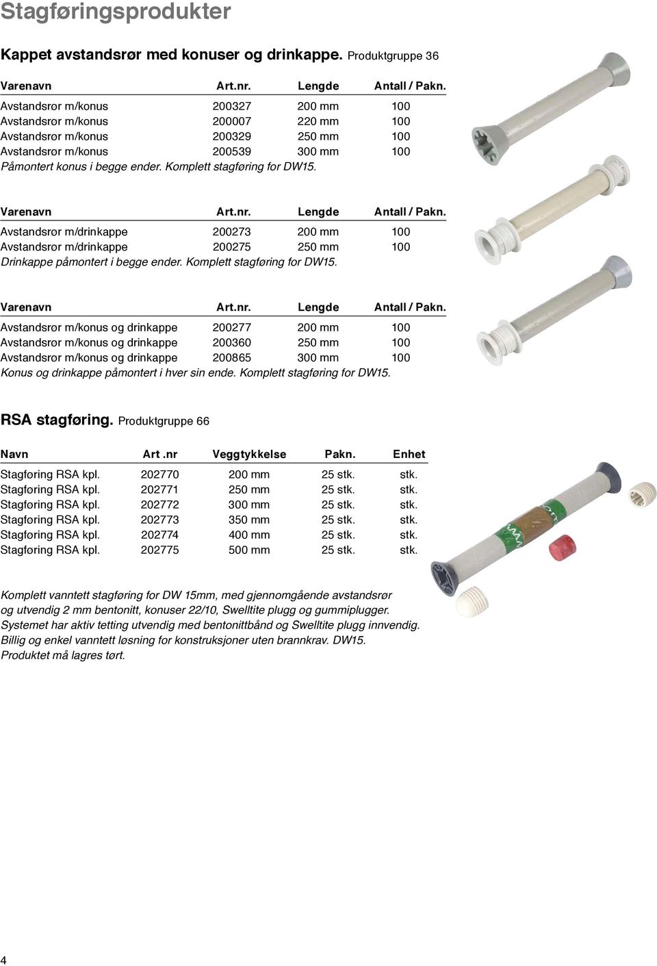 Komplett stagføring for DW15. Varenavn Art.nr. Lengde Antall / Pakn. Avstandsrør m/drinkappe 200273 200 mm 100 Avstandsrør m/drinkappe 200275 250 mm 100 Drinkappe påmontert i begge ender.