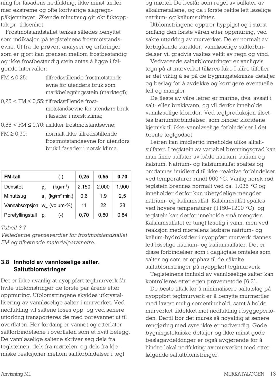 Ut fra de prøver, analyser og erfaringer som er gjort kan grensen mellom frostbestandig og ikke frostbestandig stein antas å ligge i følgende intervaller: FM 0,25: tilfredsstillende