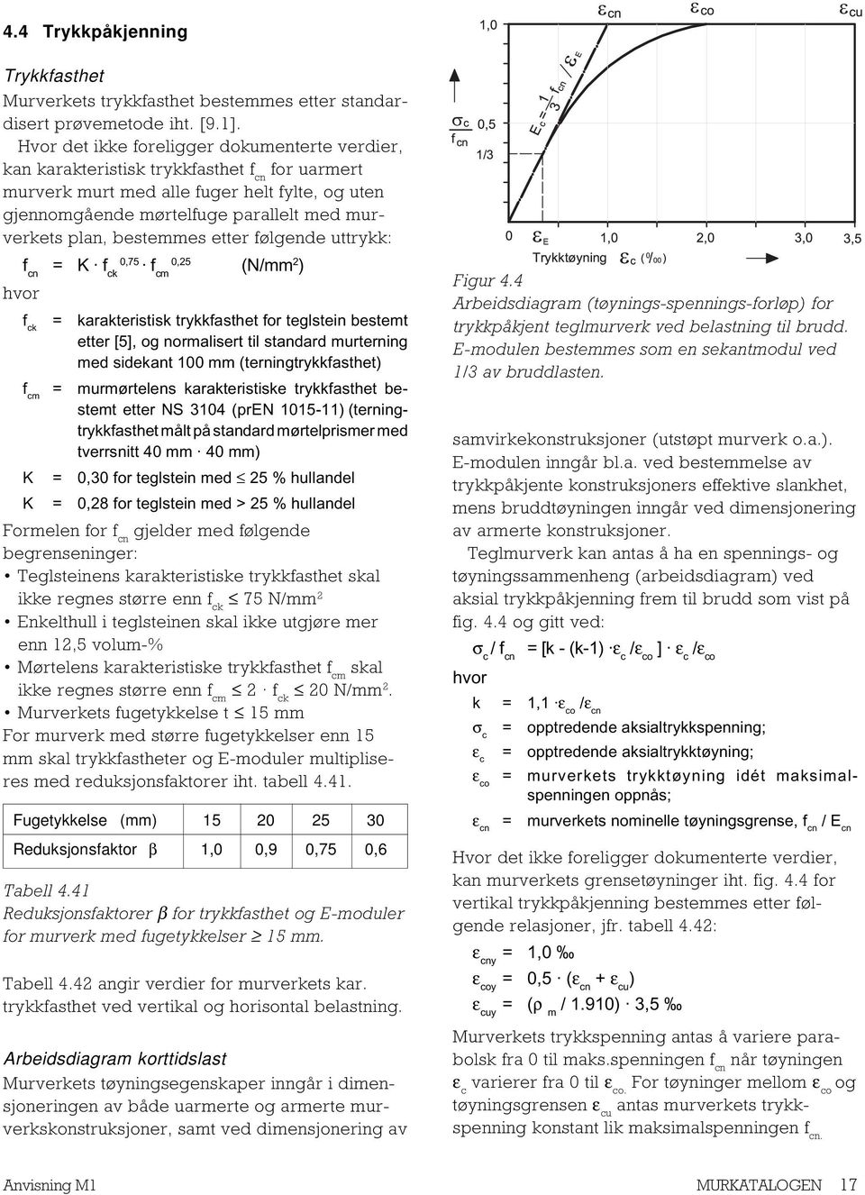 bestemmes etter følgende uttrykk: f cn = 0,75 0,25 K f ck f cm (N/mm 2 ) hvor f ck = karakteristisk trykkfasthet for teglstein bestemt etter [5], og normalisert til standard murterning med sidekant