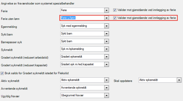 Dersom man ønsker at ansatte ikke skal kunne ta ut flere feriedager uten lønn enn det som er valgt i personalia må det settes kryss for «Valider mot gjenstående ved innlegging av ferie».