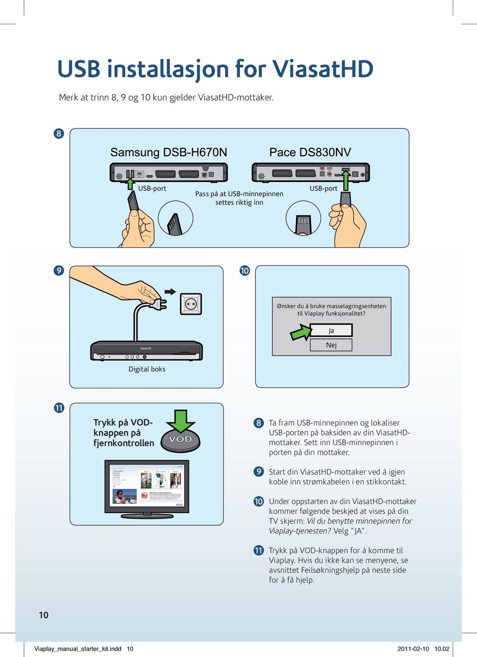 Ja Nej Digital boks Trykk på VODknappen på fjernkontrollen Ta fram USB-minnepinnen og lokaliser USB-porten på baksiden av din ViasatHDmottaker. Sett inn USB-minnepinnen i porten på din mottaker.