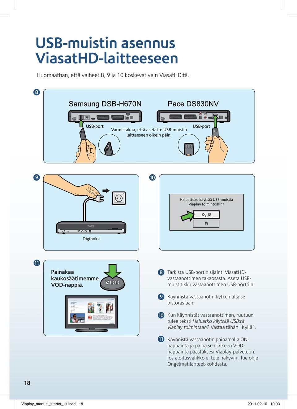 Aseta USBmuistitikku vastaanottimen USB-porttiin. Käynnistä vastaanotin kytkemällä se pistorasiaan. Kun käynnistät vastaanottimen, ruutuun tulee teksti Haluatko käyttää USB:tä Viaplay toimintaan?