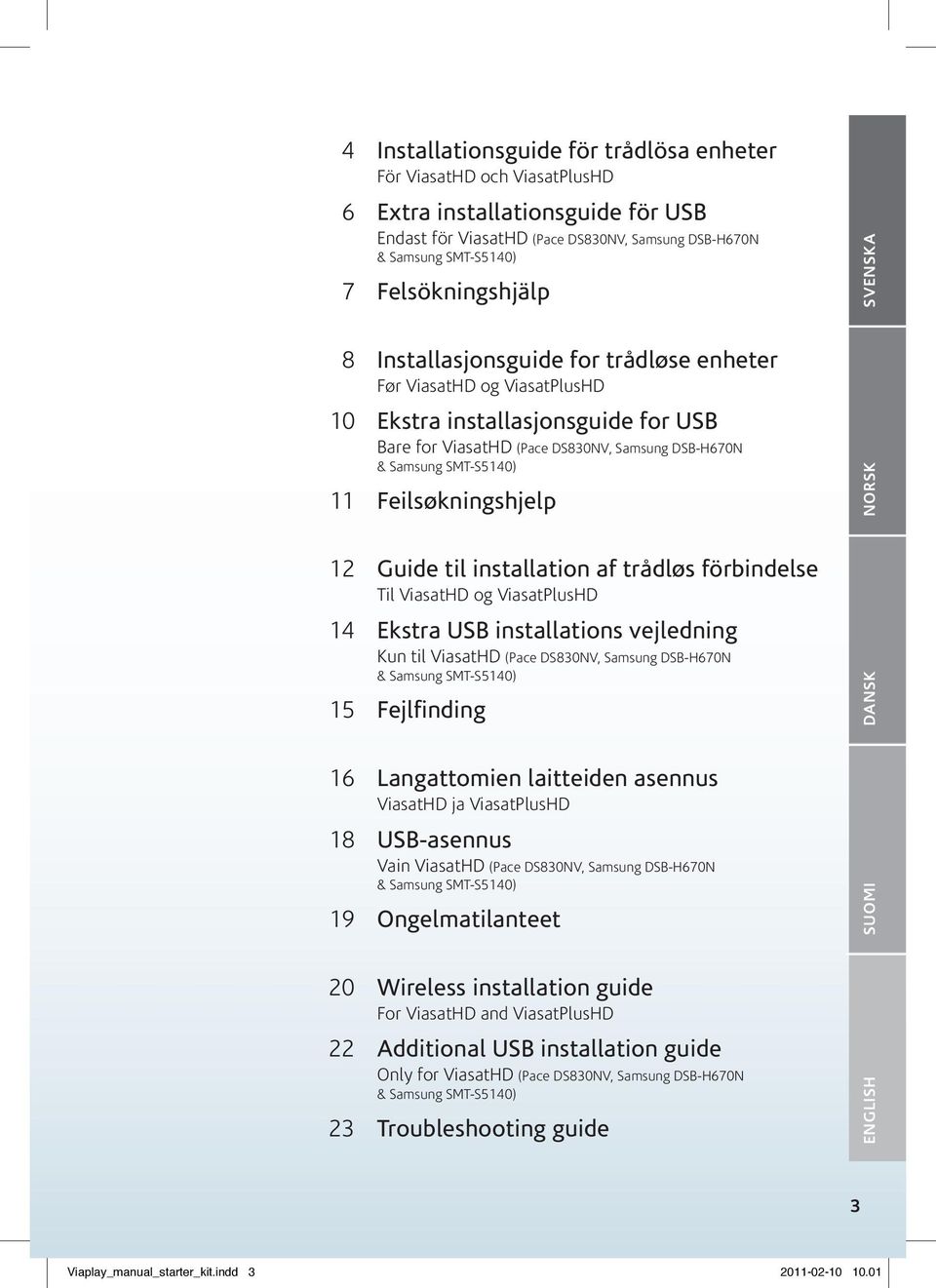 Feilsøkningshjelp 12 Guide til installation af trådløs förbindelse Til ViasatHD og ViasatPlusHD 14 Ekstra USB installations vejledning Kun til ViasatHD (Pace DS830NV, Samsung DSB-H670N & Samsung