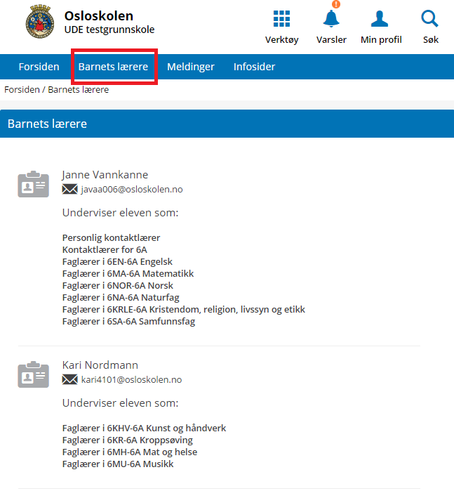 Utdanningsetaten Side 5 Barnets Lærere Her får du en liste over alle lærerne til det valgte barnet (gå eventuelt tilbake til forsiden for å velge