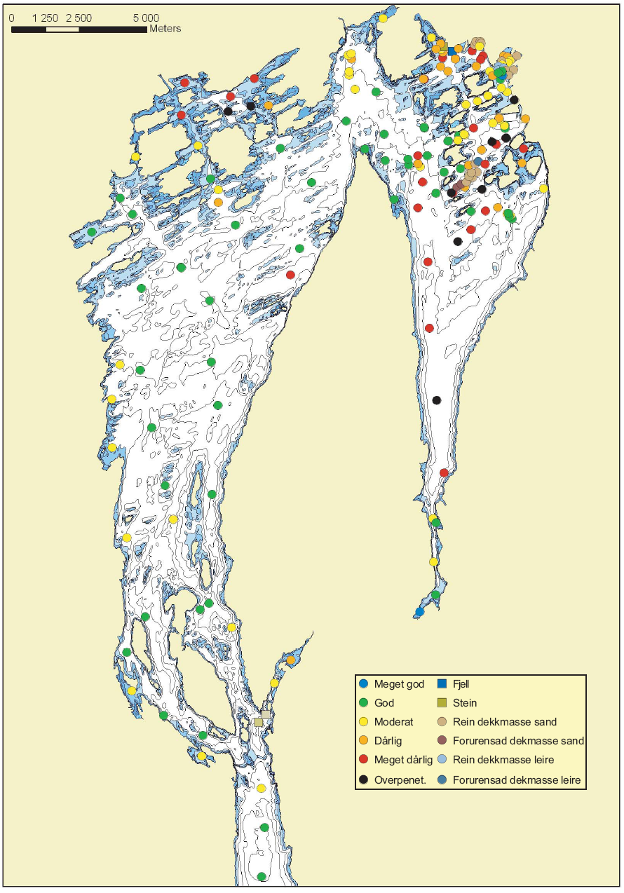 Figur 91. Tilstandsklasser av bløtbunnfauna i Indre Oslofjord i henhold til BHQ-indeksen i 2009.