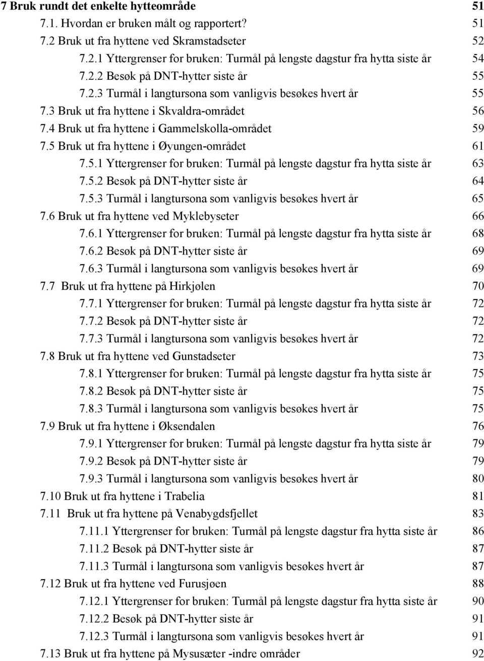 5 Bruk ut fra hyttene i Øyungen-området 61 7.5.1 Yttergrenser for bruken: Turmål på lengste dagstur fra hytta siste år 63 7.5.2 Besøk på DNT-hytter siste år 64 7.5.3 Turmål i langtursona som vanligvis besøkes hvert år 65 7.