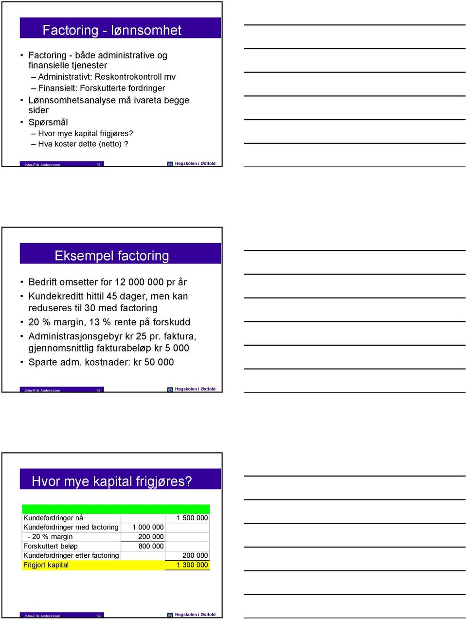 John-Erik Andreassen 37 Høgskolen i Østfold Eksempel factoring Bedrift omsetter for 12 000 000 pr år Kundekreditt hittil 45 dager, men kan reduseres til 30 med factoring 20 % margin, 13 % rente på