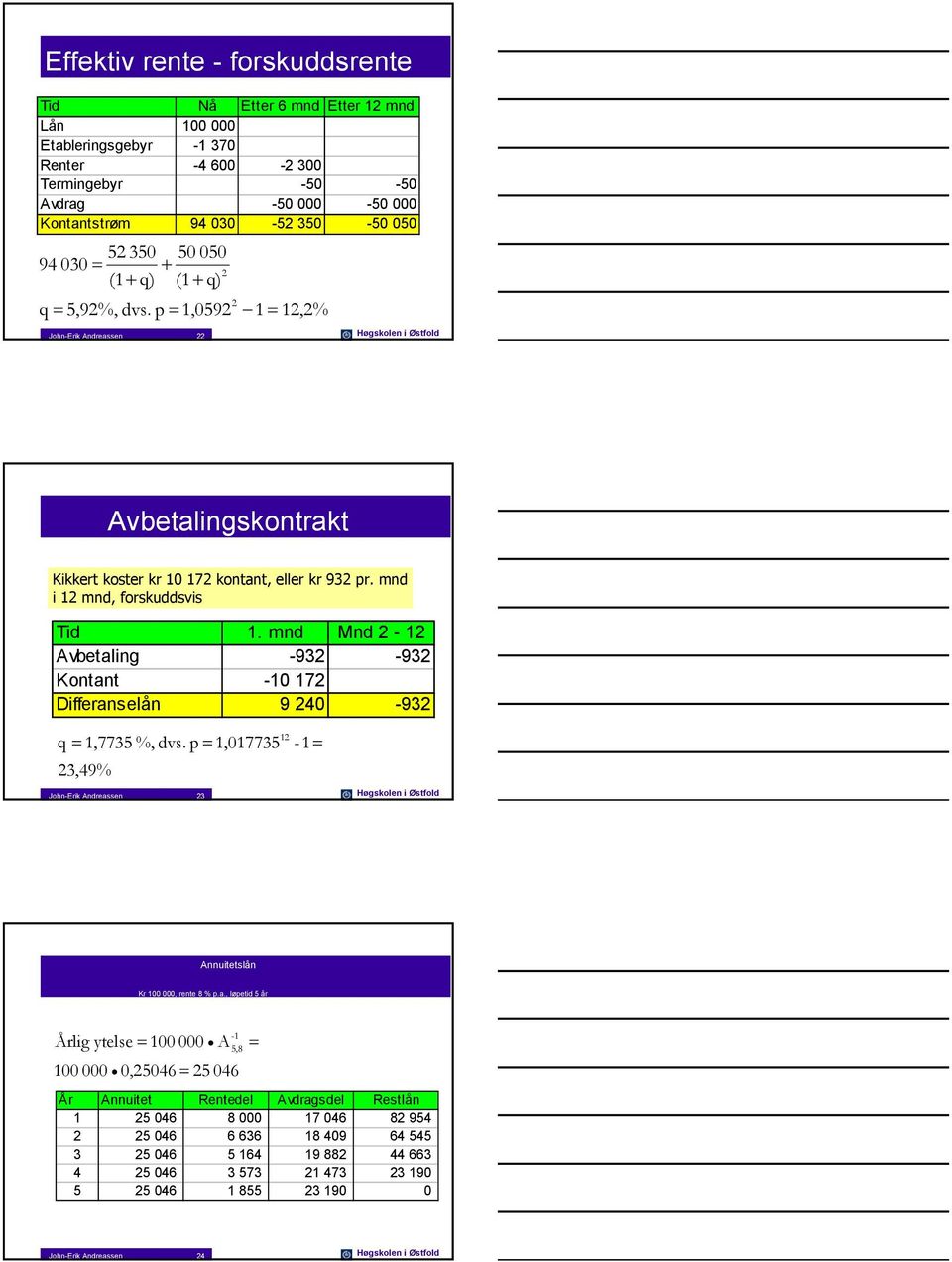 mnd i 12 mnd, forskuddsvis Tid 1. mnd Mnd 2-12 Avbetaling -932-932 Kontant -10 172 Differanselån 9 240-932 q = 1,7735 %, dvs.