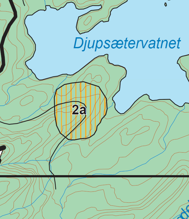 Kartutsnitt fra kommuneplanens arealdel fra 2005, viser at omsøkte teig ligger delvis i LNF sone 1 og delvis i sone 2.