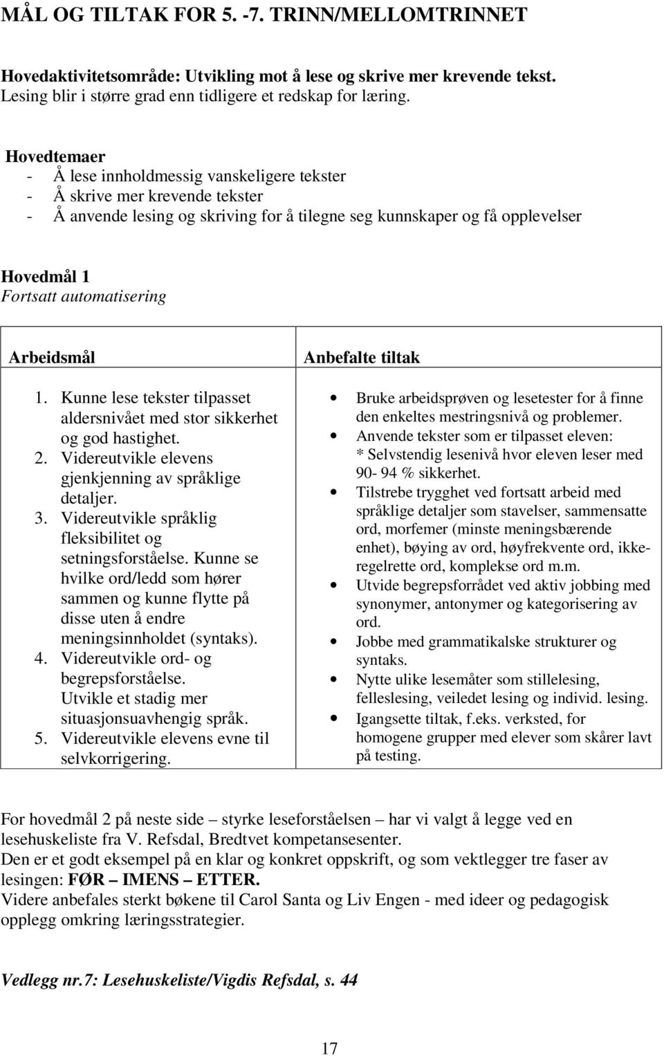 automatisering Arbeidsmål 1. Kunne lese tekster tilpasset aldersnivået med stor sikkerhet og god hastighet. 2. Videreutvikle elevens gjenkjenning av språklige detaljer. 3.