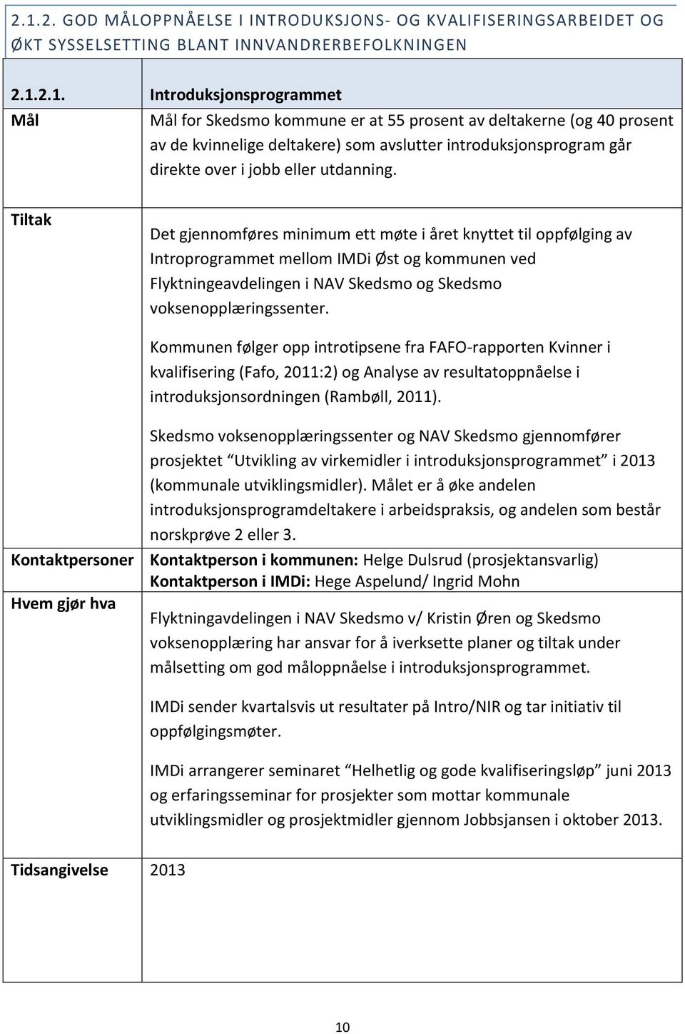 Tiltak Det gjennomføres minimum ett møte i året knyttet til oppfølging av Introprogrammet mellom IMDi Øst og kommunen ved Flyktningeavdelingen i NAV Skedsmo og Skedsmo voksenopplæringssenter.