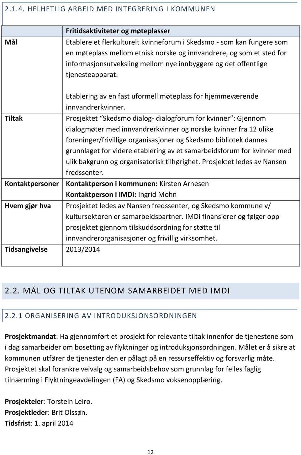 innvandrere, og som et sted for informasjonsutveksling mellom nye innbyggere og det offentlige tjenesteapparat. Tiltak Etablering av en fast uformell møteplass for hjemmeværende innvandrerkvinner.