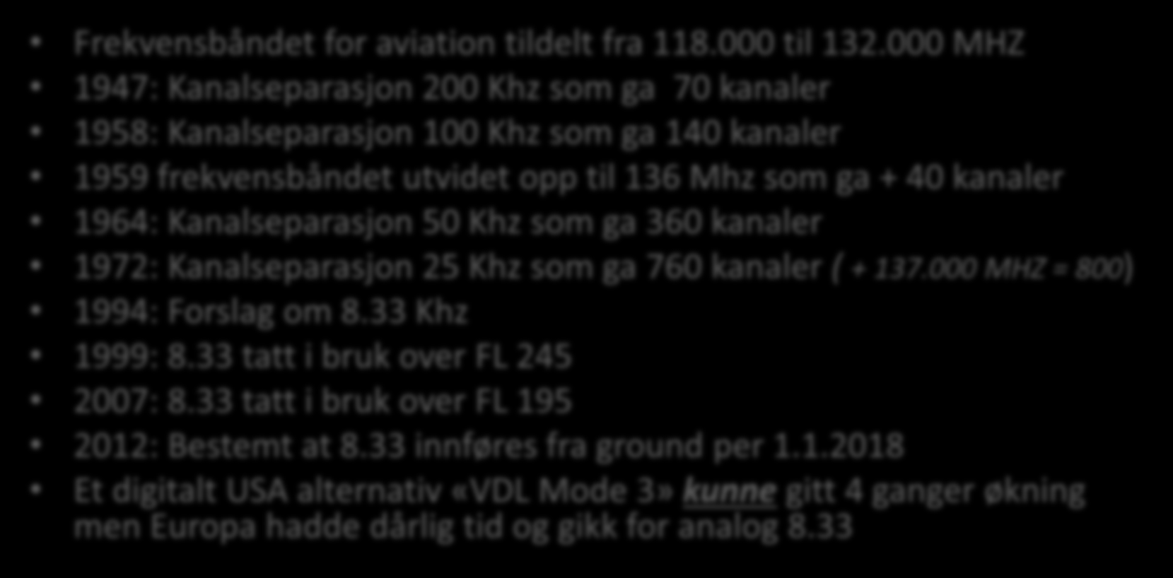 som ga 360 kanaler 1972: Kanalseparasjon 25 Khz som ga 760 kanaler ( + 137.000 MHZ = 800) 1994: Forslag om 8.33 Khz 1999: 8.33 tatt i bruk over FL 245 2007: 8.