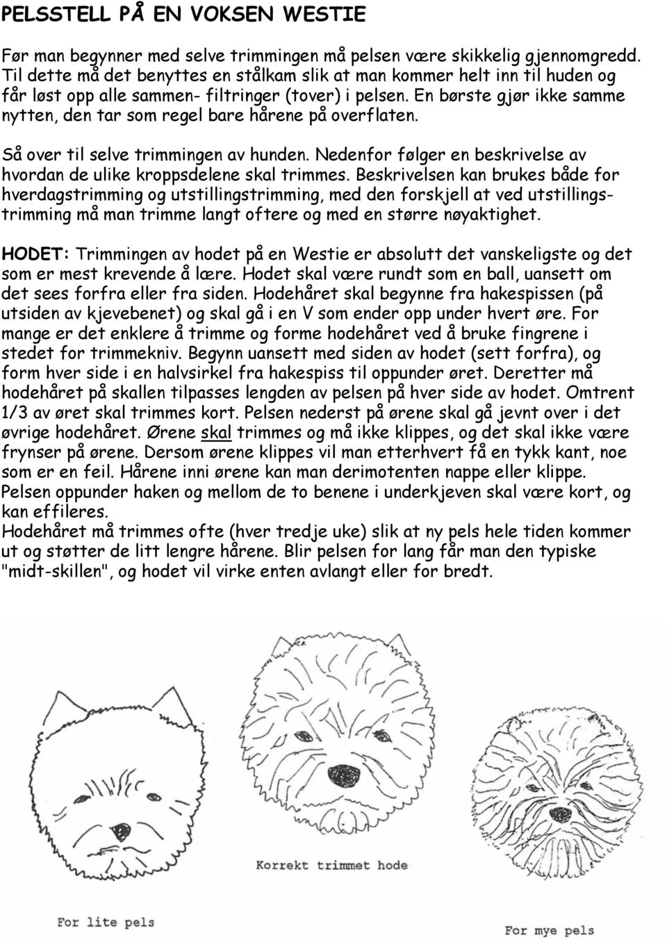 En børste gjør ikke samme nytten, den tar som regel bare hårene på overflaten. Så over til selve trimmingen av hunden. Nedenfor følger en beskrivelse av hvordan de ulike kroppsdelene skal trimmes.