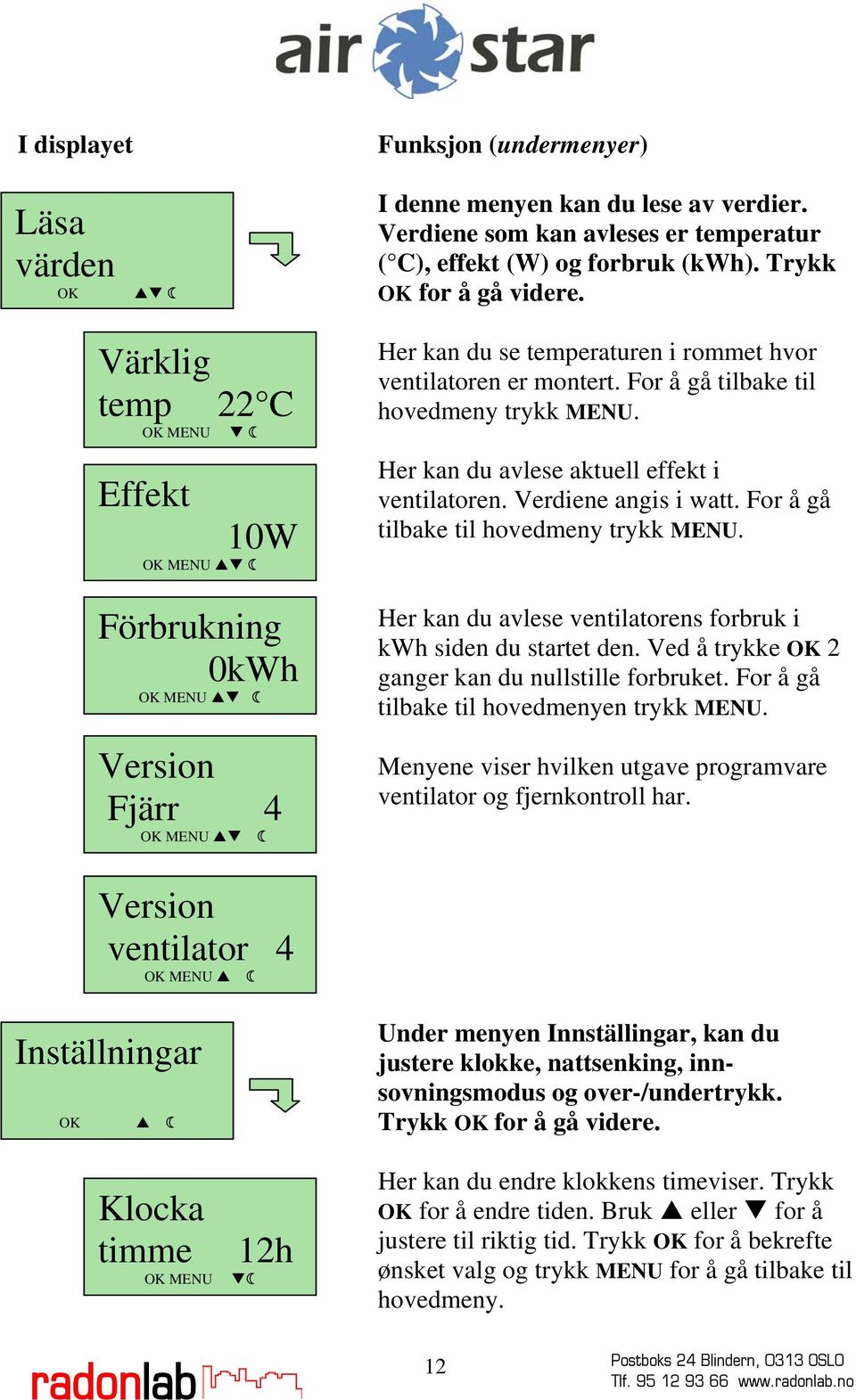 Her kan du avlese aktuell effekt i ventilatoren. Verdiene angis i watt. For å gå tilbake til hovedmeny trykk MENU. Her kan du avlese ventilatorens forbruk i kwh siden du startet den.