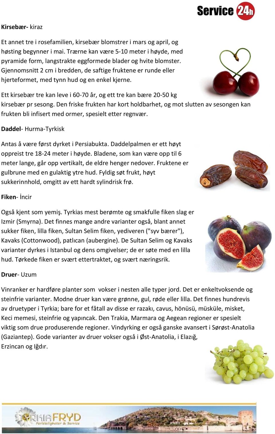 Gjennomsnitt 2 cm i bredden, de saftige fruktene er runde eller hjerteformet, med tynn hud og en enkel kjerne. Ett kirsebær tre kan leve i 60-70 år, og ett tre kan bære 20-50 kg kirsebær pr sesong.