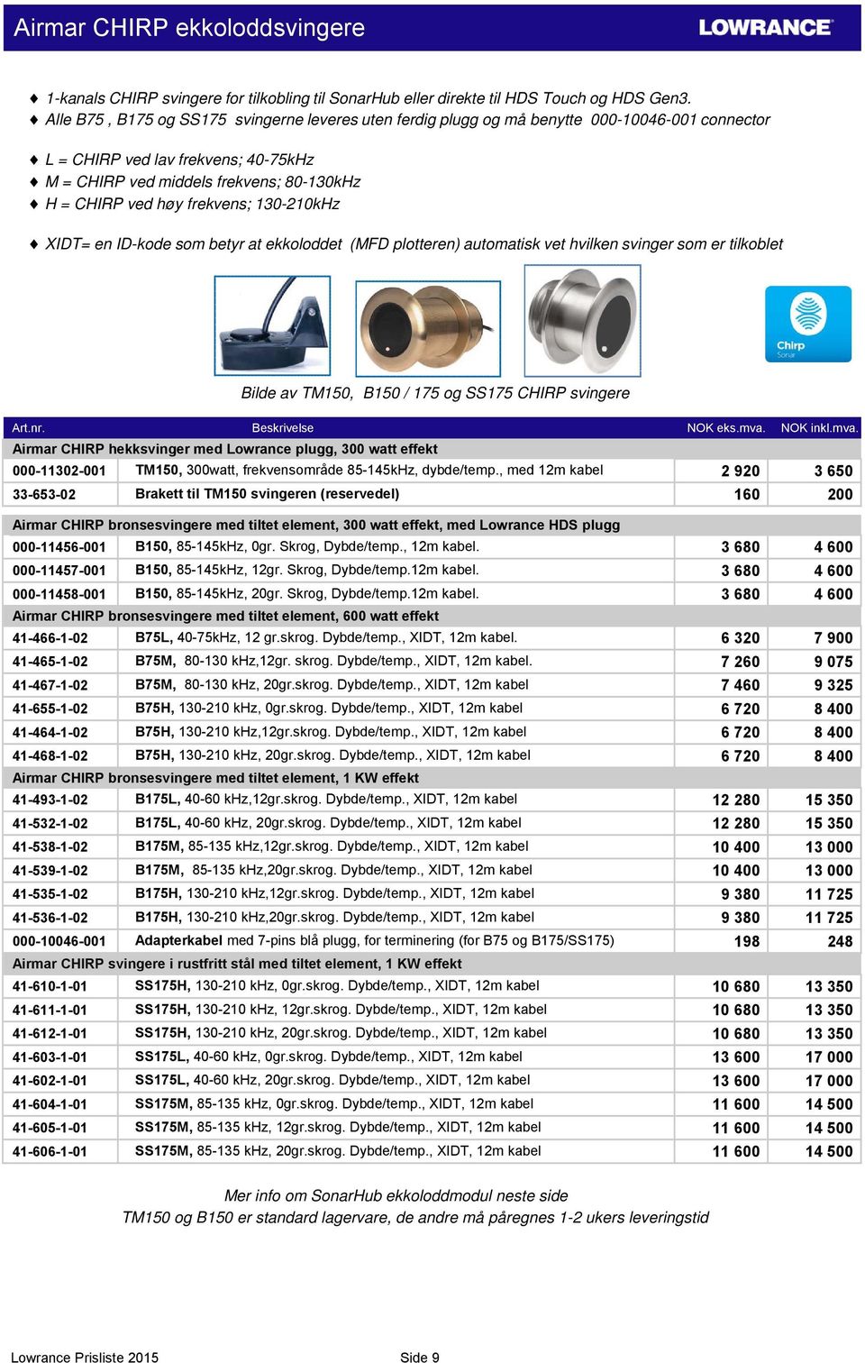 frekvens; 130-210kHz XIDT= en ID-kode som betyr at ekkoloddet (MFD plotteren) automatisk vet hvilken svinger som er tilkoblet Bilde av TM150, B150 / 175 og SS175 CHIRP svingere Airmar CHIRP