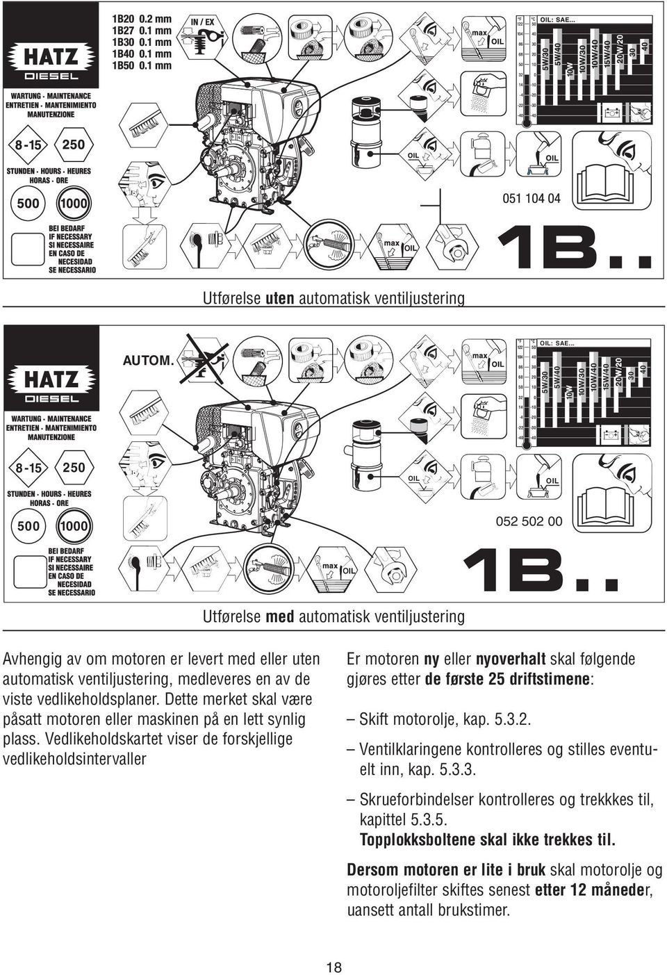 . Avhengig av om motoren er levert med eller uten automatisk ventiljustering, medleveres en av de viste vedlikeholdsplaner.