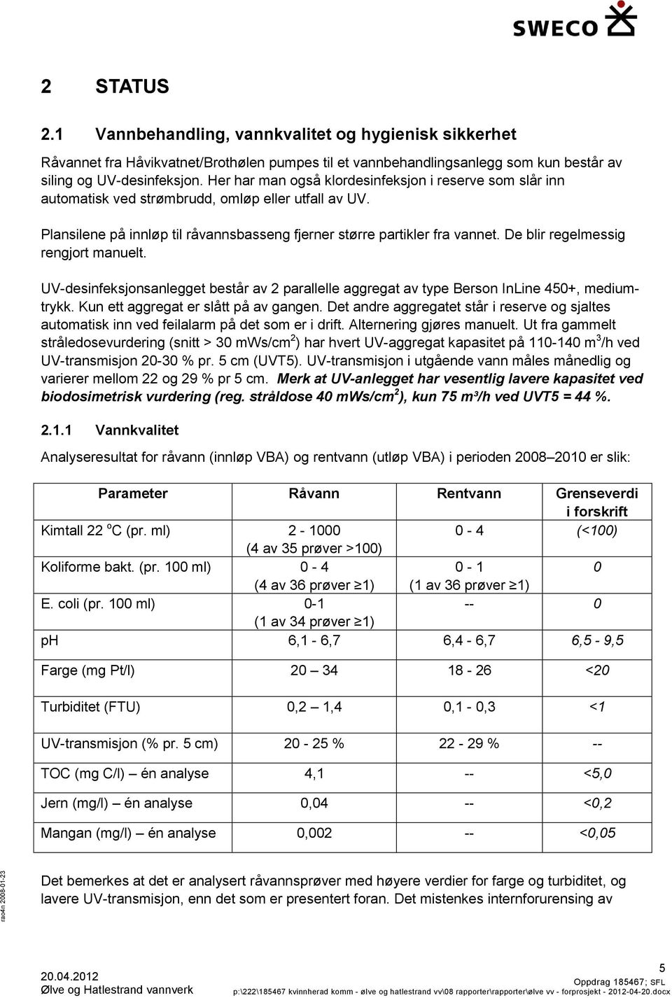 De blir regelmessig rengjort manuelt. UV-desinfeksjonsanlegget består av 2 parallelle aggregat av type Berson InLine 450+, mediumtrykk. Kun ett aggregat er slått på av gangen.