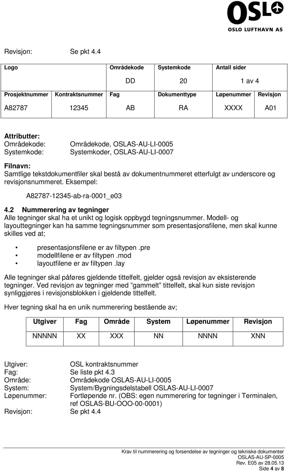 OSLAS-AU-LI-0005 Systemkoder, OSLAS-AU-LI-0007 Filnavn: Samtlige tekstdokumentfiler skal bestå av dokumentnummeret etterfulgt av underscore og revisjonsnummeret.