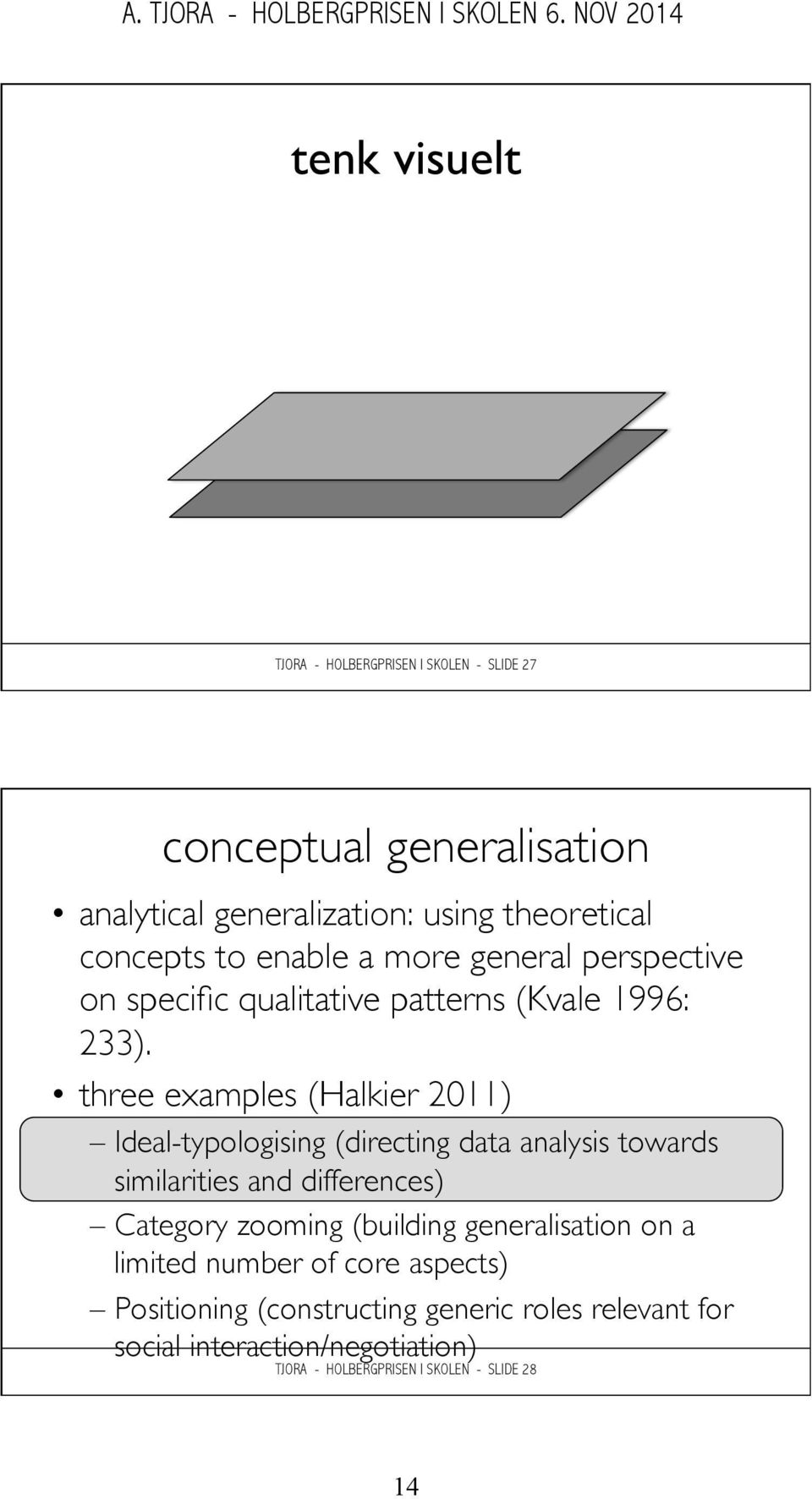 three examples (Halkier 2011) Ideal-typologising (directing data analysis towards similarities and differences) Category zooming