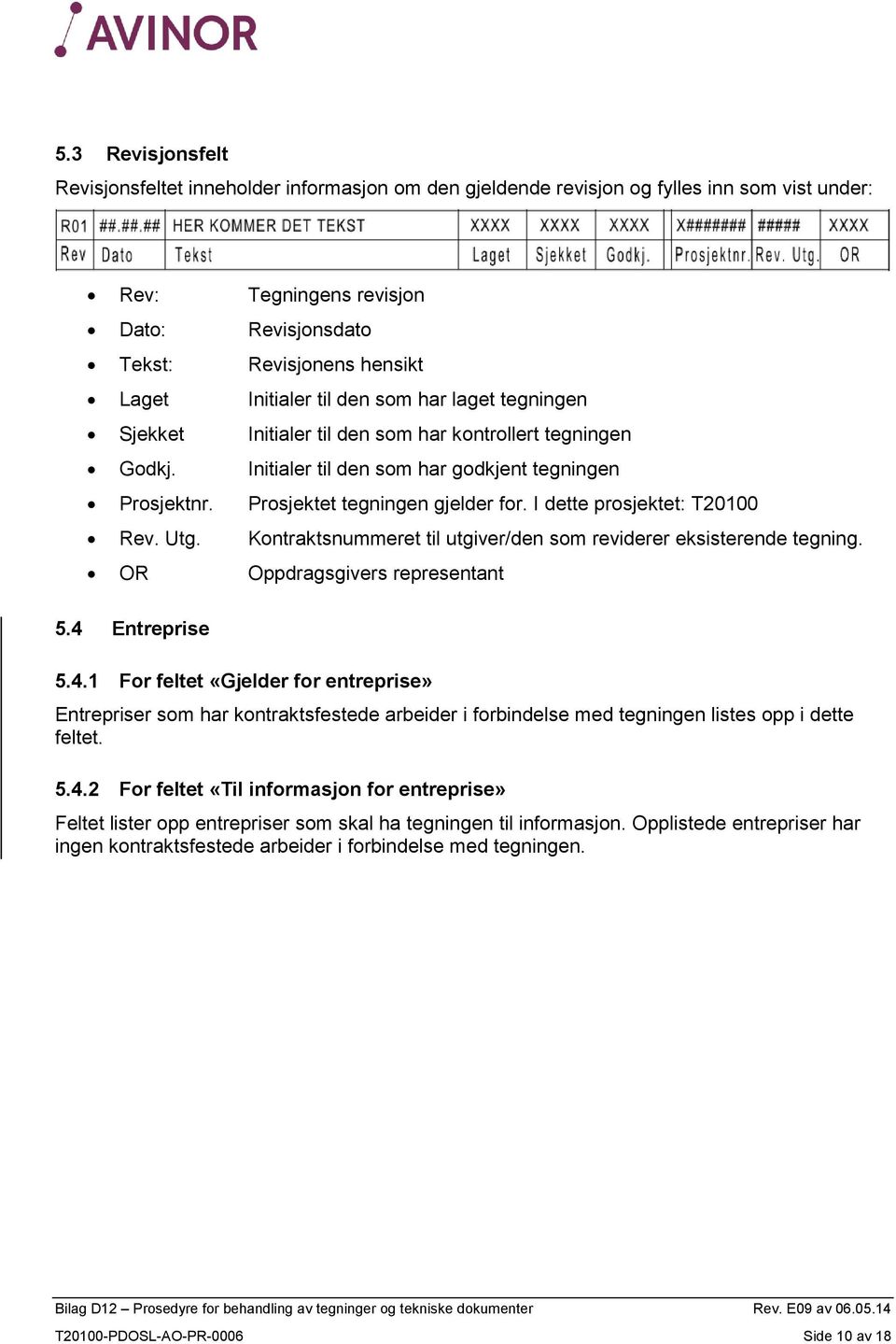 I dette prosjektet: T20100 Rev. Utg. Kontraktsnummeret til utgiver/den som reviderer eksisterende tegning. OR Oppdragsgivers representant 5.4 