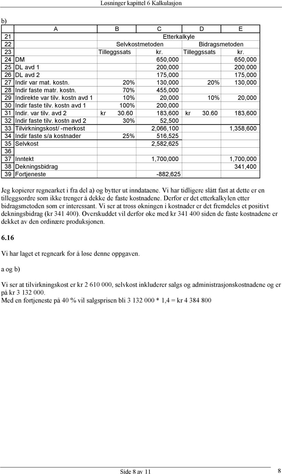 kostn avd 1 10% 20,000 10% 20,000 Indir faste tilv. kostn avd 1 100% 200,000 Indir. var tilv. avd 2 kr 30.60 183,600 kr 30.60 183,600 Indir faste tilv.