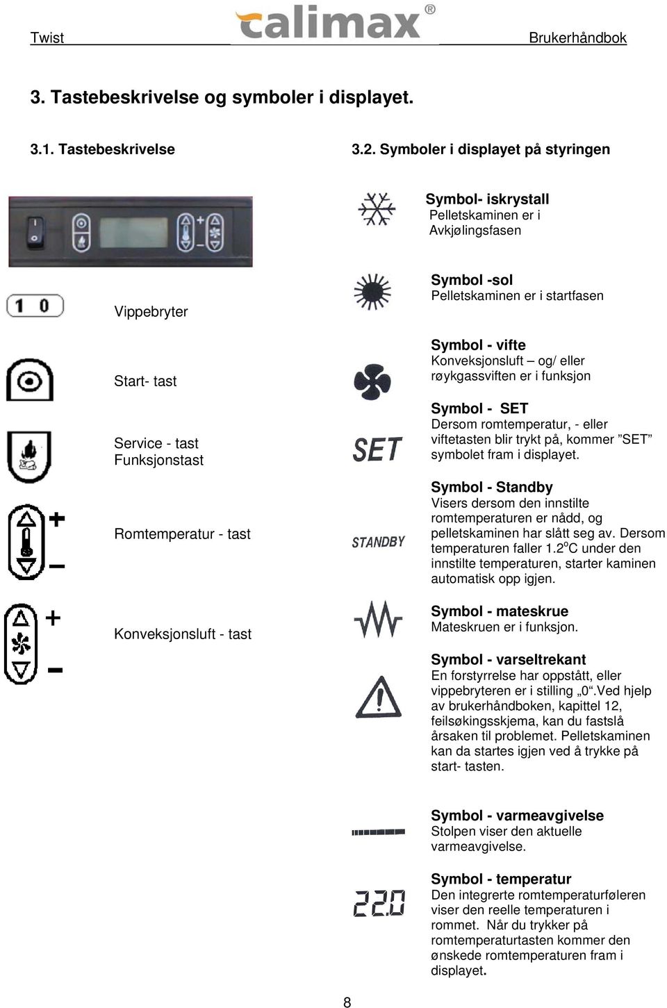 Pelletskaminen er i startfasen Symbol - vifte Konveksjonsluft og/ eller røykgassviften er i funksjon Symbol - SET Dersom romtemperatur, - eller viftetasten blir trykt på, kommer SET symbolet fram i