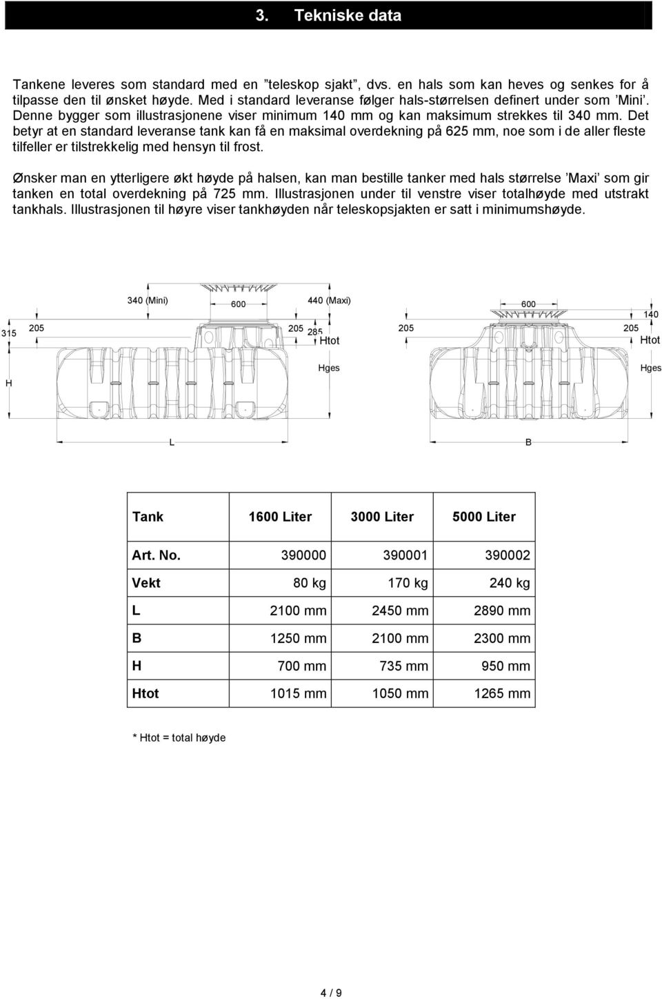 Det betyr at en standard leveranse tank kan få en maksimal overdekning på 625 mm, noe som i de aller fleste tilfeller er tilstrekkelig med hensyn til frost.