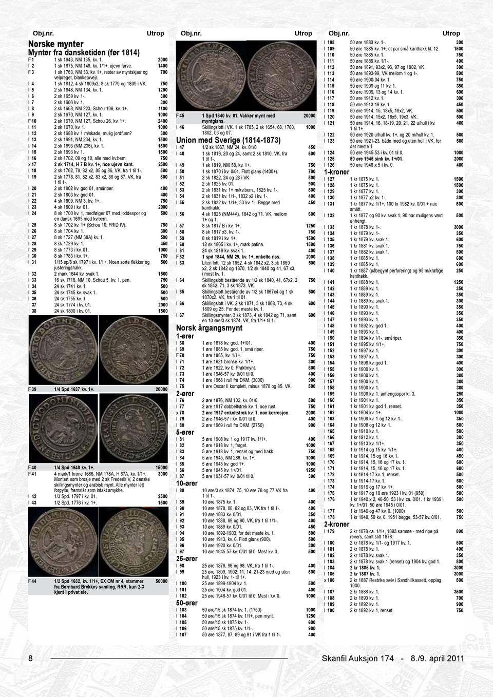 1+. 1 I 9 2 sk 1670, NM 127, kv. 1. F 10 2 sk 1670, NM 127, Schou 26, kv. 1+. 2 I 11 2 sk 1670, kv. 1. I 12 2 sk 1688 kv. 1 m/skade, mulig jordfunn? I 13 2 sk 1691, NM 234, kv. 1. 1 I 14 2 sk 1693 (NM 236), kv.