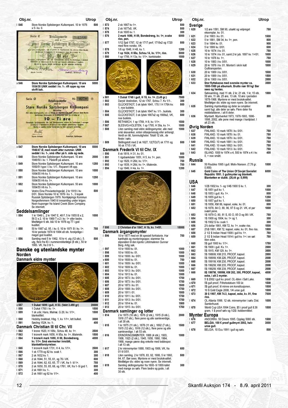 I 577 1/12 Spd 1787, 12 sk 1717 perf, 1718x2 og 1720 I 623 5 kr 1894 kv. 01. med flere norske, VK. I 624 5 kr 1899 kv. 0/01. I 578 1/6 sp 1648, H 48, kv. 1. 1 I 625 10 kr 1874 i kv. 01. I 579 1 sp 1624, H 55a, Schou 14, kv.