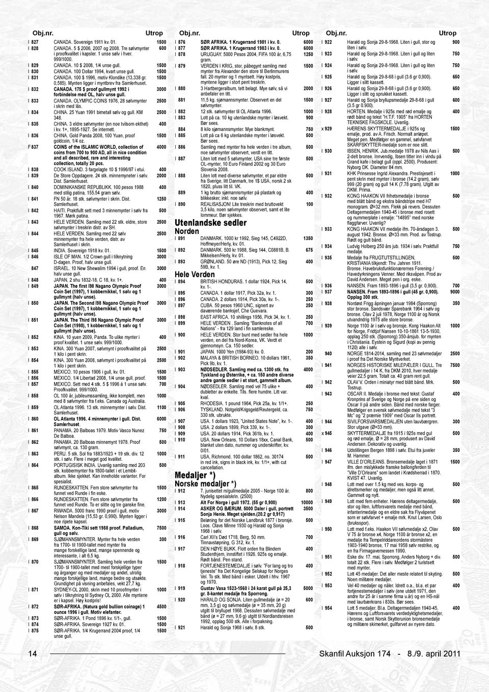1 I 923 Harald og Sonja 29-8-1968. Liten i gull og liten i sølv. I 829 CANADA. 10 $ 8, 1/4 unse gull. 1 I 879 VERDEN I KRIG, stor, påbegynt samling med 1 I 924 Harald og Sonja 29-8-1968.