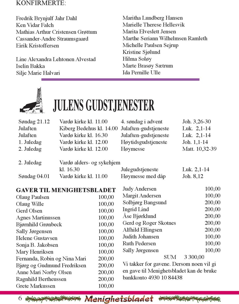 Pernille Ulle JULENS GUDSTJENESTER Søndag 21.12 Vardø kirke kl. 11.00 4. søndag i advent Joh. 3,26-30 Julaften Kiberg Bedehus kl. 14.00 Julaften-gudstjeneste Luk. 2,1-14 Julaften Vardø kirke kl. 16.