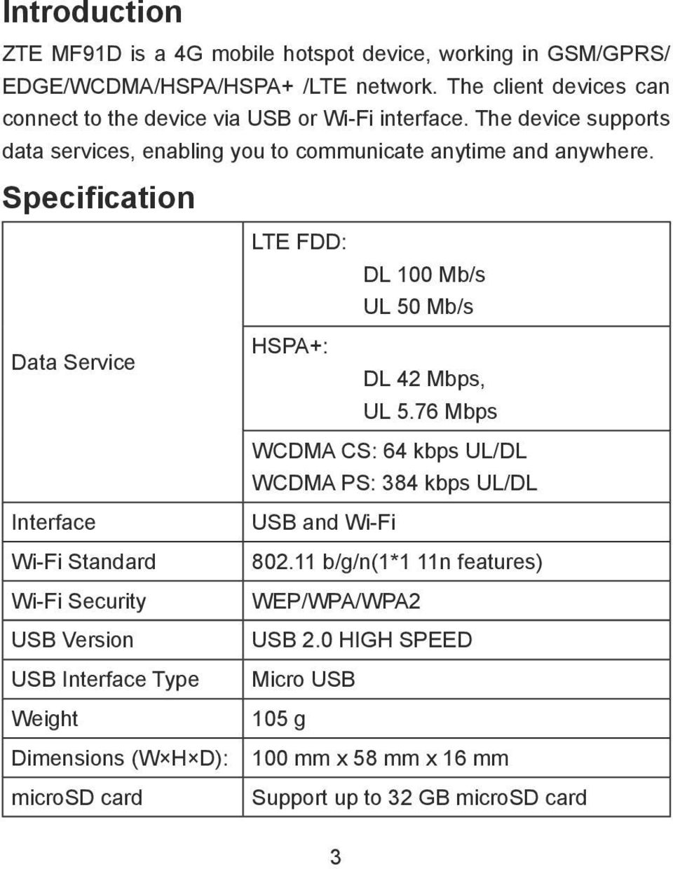 Specification LTE FDD: DL 100 Mb/s UL 50 Mb/s HSPA+: Data Service DL 42 Mbps, UL 5.