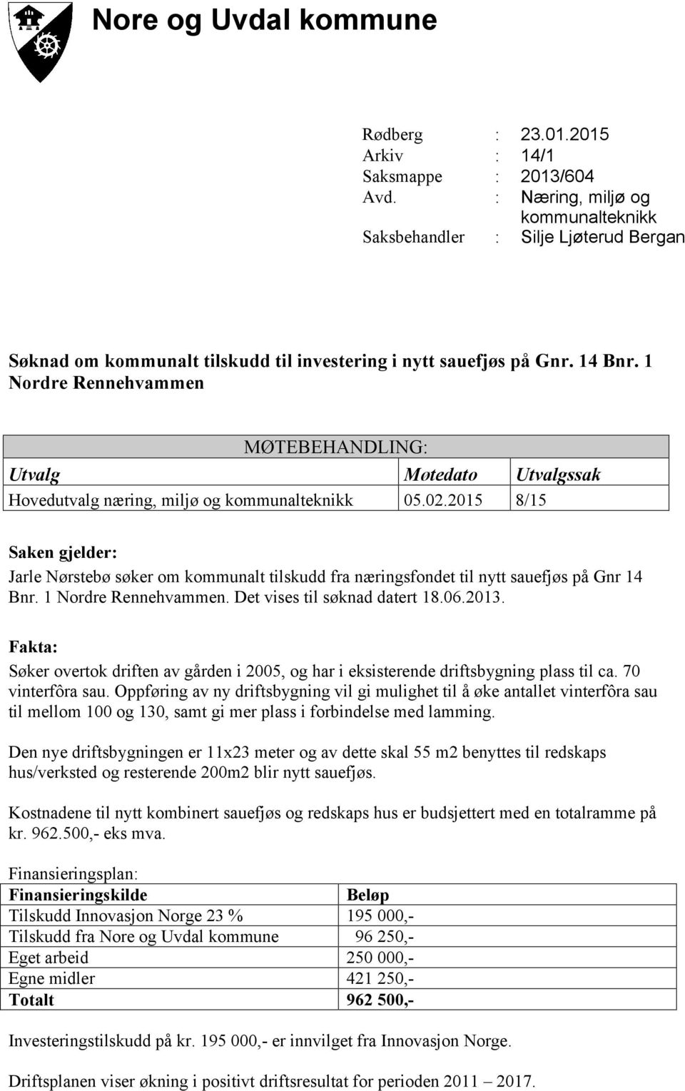 1 Nordre Rennehvammen MØTEBEHANDLING: Utvalg Møtedato Utvalgssak Hovedutvalg næring, miljø og kommunalteknikk 05.02.