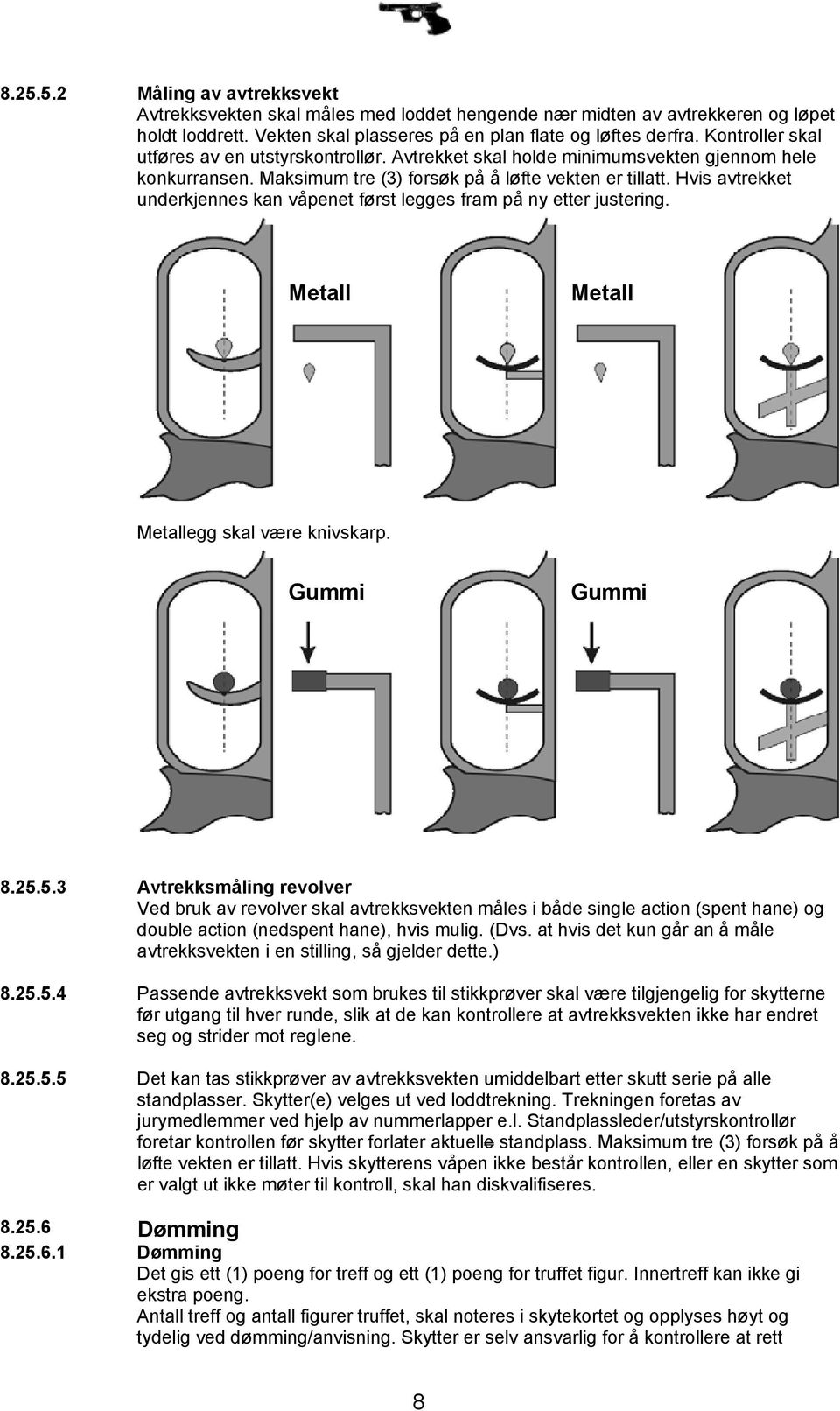Hvis avtrekket underkjennes kan våpenet først legges fram på ny etter justering. Metall Metall Metallegg skal være knivskarp. Gummi Gummi 8.25.